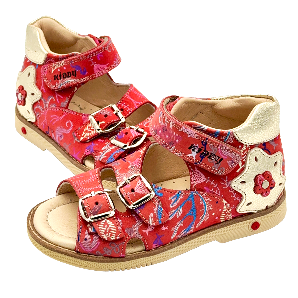 Red Orthopaedic Sandals for Kids with Arch and Ankle Support, featuring Coral Pattern from Ortho Shoes Australia