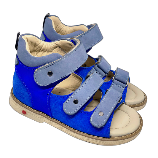 Photo of orthopedic kids sandals in deep blue with grey straps, designed with Thomas heels, arch support, and ankle stability for utmost comfort and support.