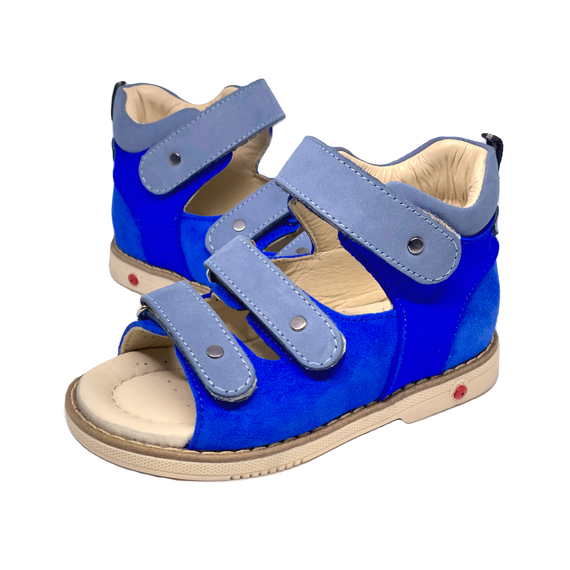 Photo of orthopedic kids sandals in deep blue with grey straps, designed with Thomas heels, arch support, and ankle stability for utmost comfort and support.