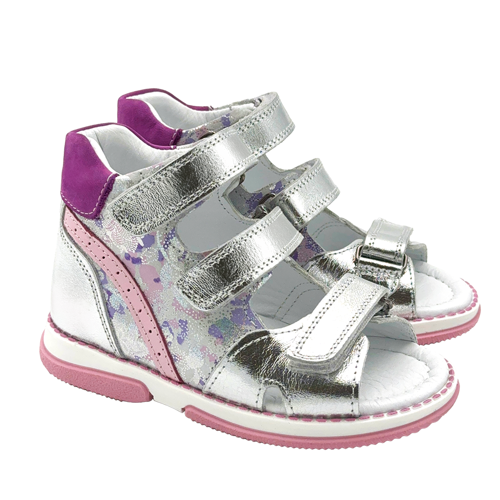 Children's silver-purple sandals with orange and white heart pattern, featuring triple Velcro straps, ankle and arch support, and mid-height ankle reinforcement for optimal comfort and stability