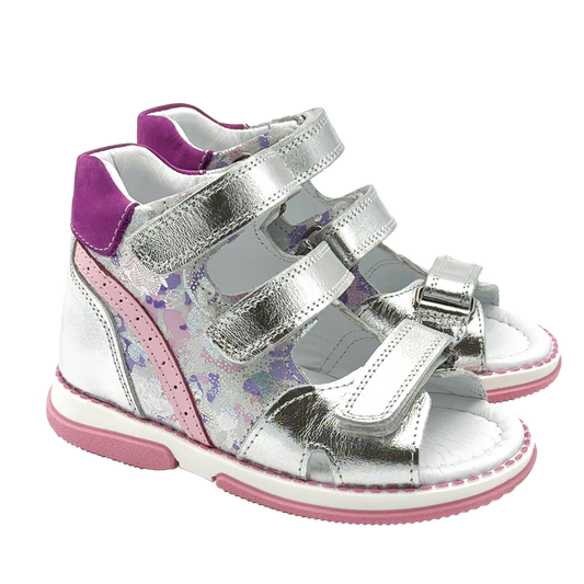 Children's silver-purple sandals with orange and white heart pattern, featuring triple Velcro straps, ankle and arch support, and mid-height ankle reinforcement for optimal comfort and stability