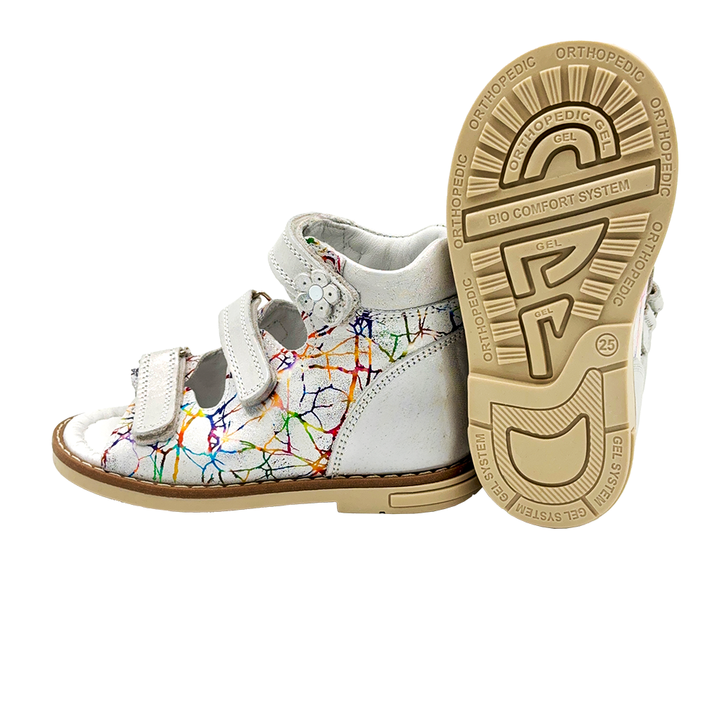 Orthopaedic kids sandals in silver rainbow with arch and ankle support and Thomas heels.