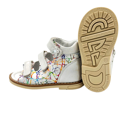 Orthopaedic kids sandals in silver rainbow with arch and ankle support and Thomas heels.