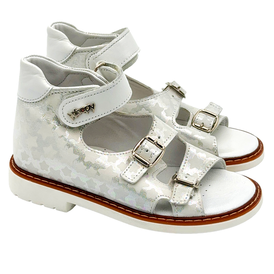 Silver Kids Orthopedic Sandals featuring a charming stars pattern, designed with Arch and Ankle Support and Thomas Heels by Ortho Shoes Australia.