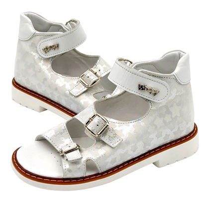 Silver Kids Orthopedic Sandals featuring a charming stars pattern, designed with Arch and Ankle Support and Thomas Heels by Ortho Shoes Australia.