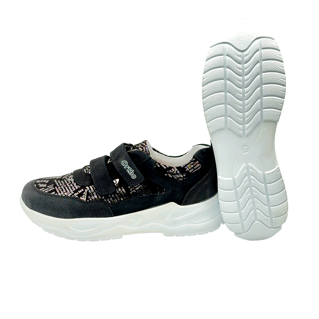 A pair of stylish black sneakers with silver text. The sneakers feature arch and ankle support, making them suitable for narrow and standard feet. They have two straps for added support and are recommended by physiotherapists. These sneakers are comfortable, supportive, and perfect for all-day wear.