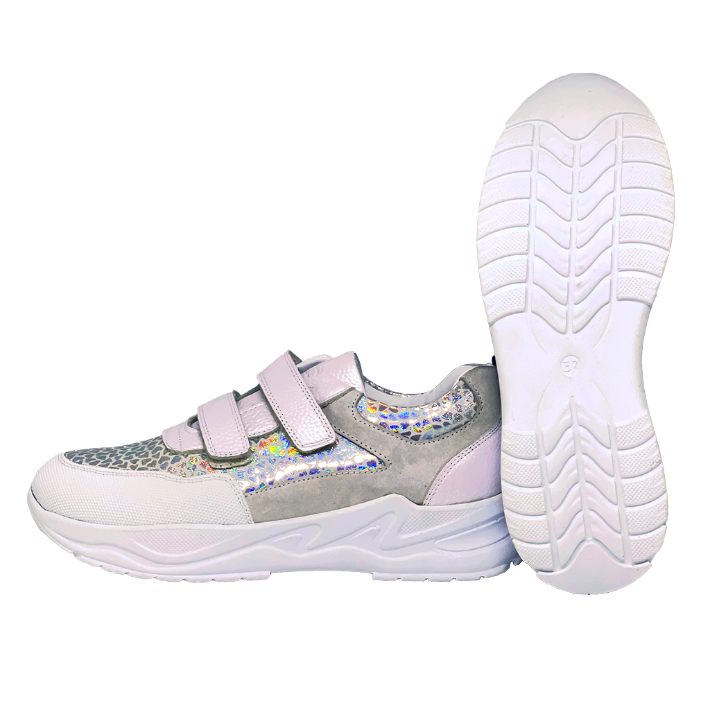 Grey and white heart-patterned supportive sneakers with arch and ankle support.
