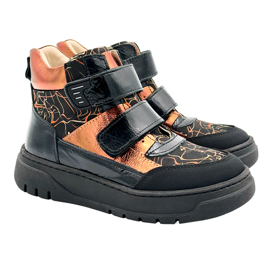 Girls' gold-black orthopaedic high-top sneakers with enhanced ankle support, arch support, and two Velcro straps for easy wear. Stylish, durable, and slip-resistant.