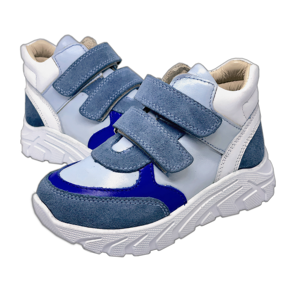 High-quality white and blue sneakers for kids, designed with excellent arch and ankle support for comfortable and healthy wear.