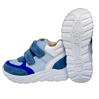 High-quality white and blue sneakers for kids, designed with excellent arch and ankle support for comfortable and healthy wear.