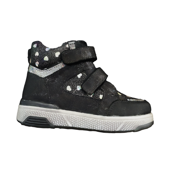 3D model of Orthopaedic silver black boots with two Velcro straps for children, offering exceptional arch and ankle support. Stylish and comfortable design with a captivating pattern.