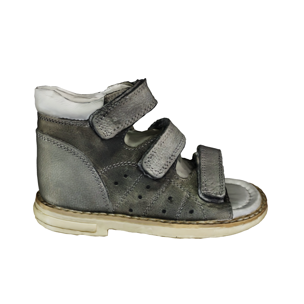 3D model of kids' orthopaedic sandals in dark grey, featuring arch and ankle support, and Thomas heels.