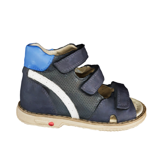 3D model of Kids' navy and blue nubuck sandals with three adjustable straps, Thomas heels, arch support, and mid-level ankle reinforcement for exceptional comfort and stability.