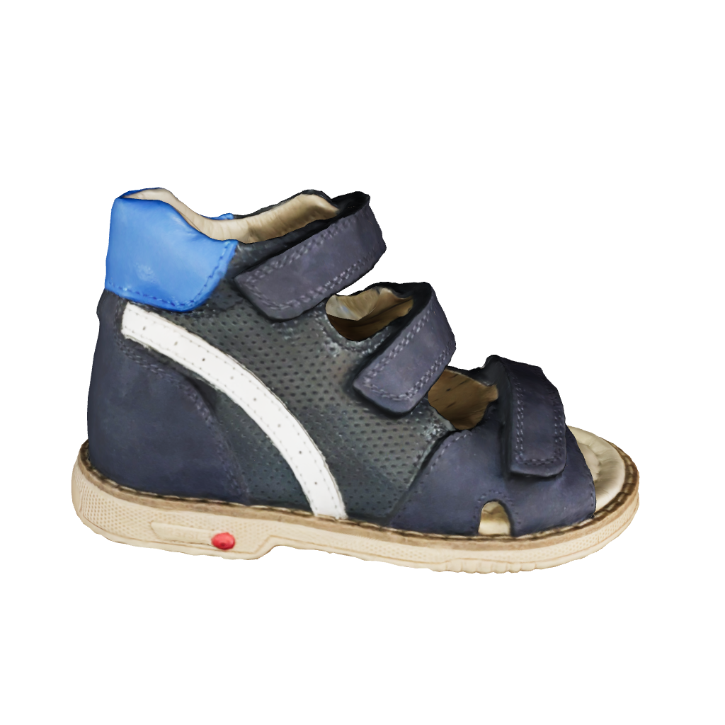 3D model of Kids' navy and blue nubuck sandals with three adjustable straps, Thomas heels, arch support, and mid-level ankle reinforcement for exceptional comfort and stability.