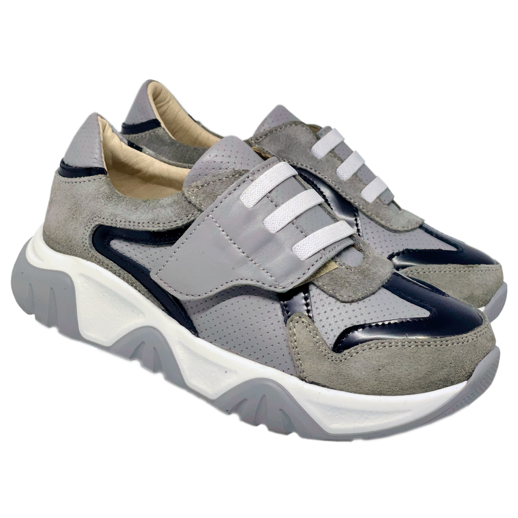 Photo of grey-black kids ortopaedic sneakers. Arch and ankle support. Ortho Shoes Australia. 