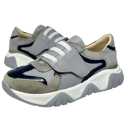 Photo of grey-black kids ortopaedic sneakers. Arch and ankle support. Ortho Shoes Australia.