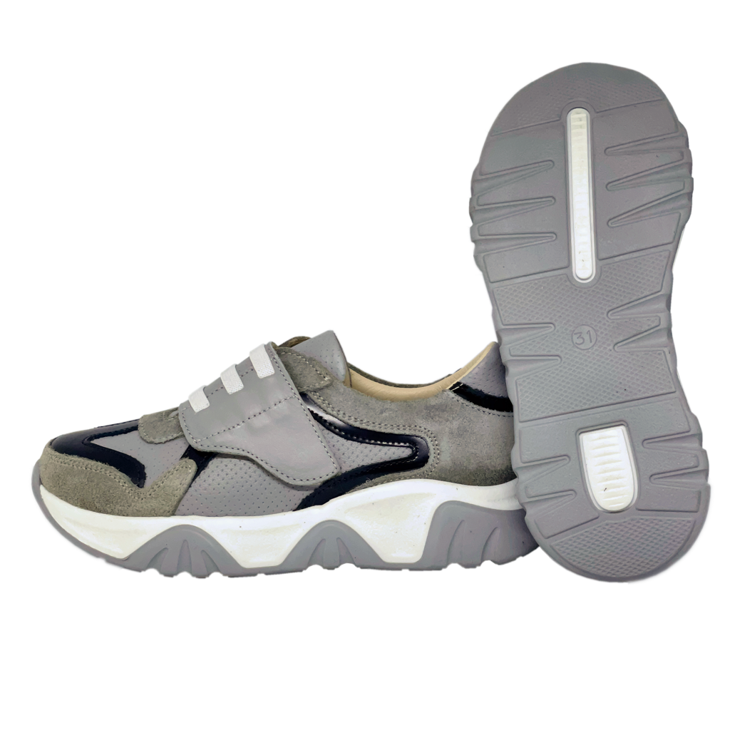 Photo of grey-black kids ortopaedic sneakers. Arch and ankle support. Ortho Shoes Australia.